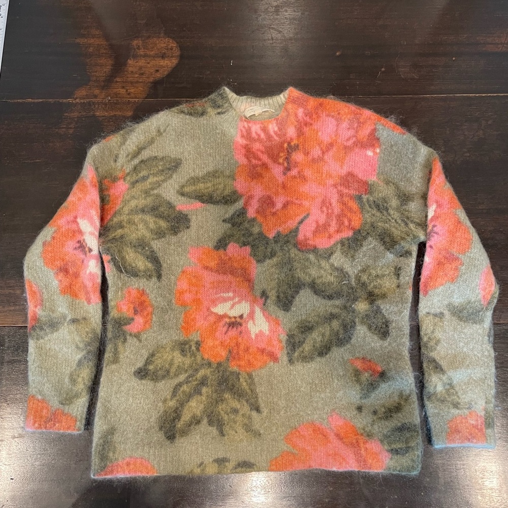 Sezane Floral Crew Neck Sweater - Green and Pink
